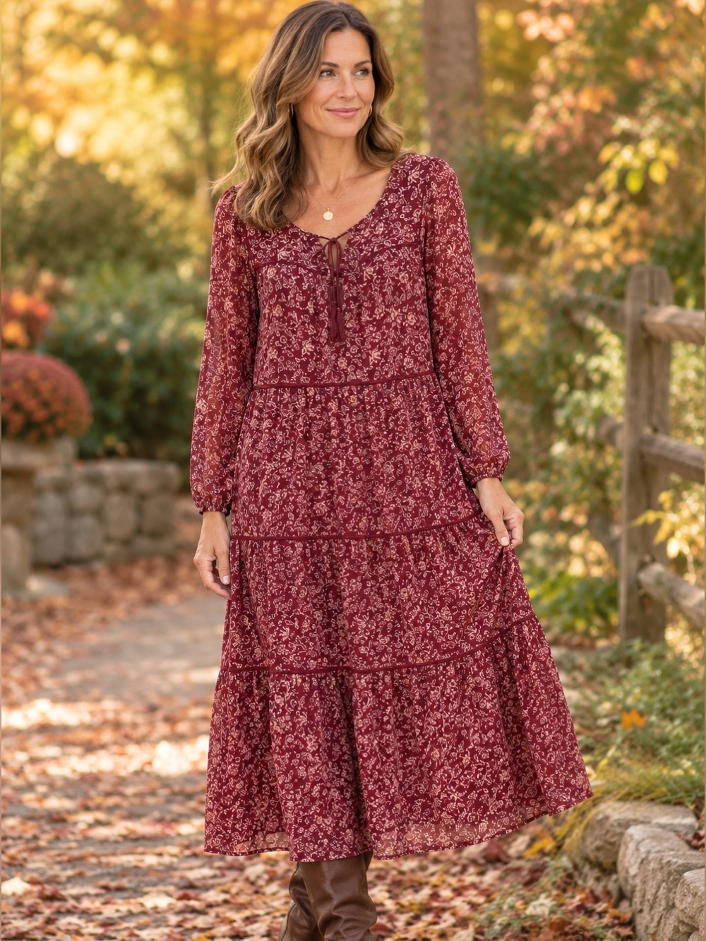 Lucky Brand Burgundy Floral Long Sleeve Dress